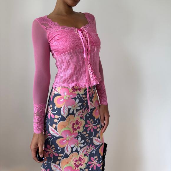 Vintage Y2K Pink Lace Corset-Style Long Sleeve Top (S) - Picture 2 of 8